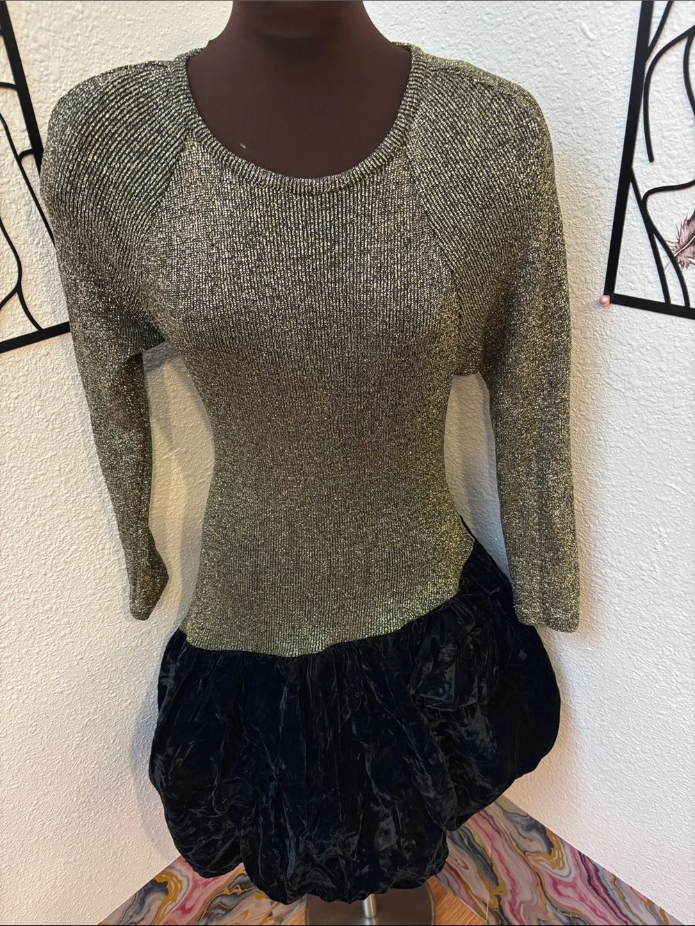 Vintage 1980’s Craig Adams Gold Knit Black Velvet Bubble Dress. Size 13/14